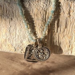 Larimar teal & sterling silver bead long necklace with genuine Indian god charms